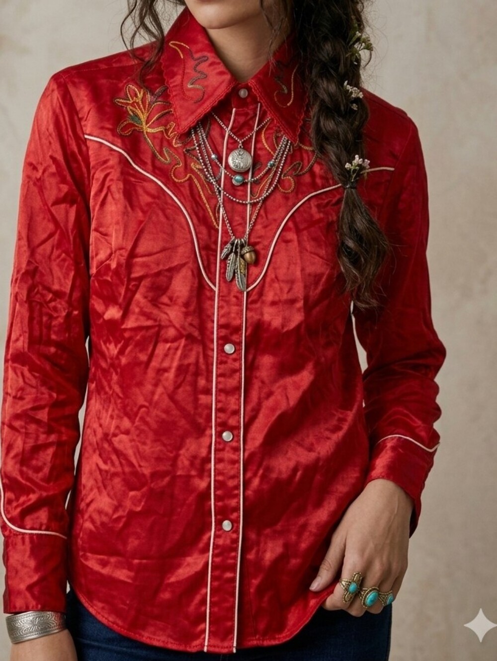 Rare VTG Johnny West Red Satin Embroidered Western Shirt XS Cowboy Maximalism